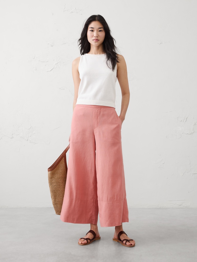 Wide-Leg High-Rise Linen-Blend Pull-On Cropped Pant
