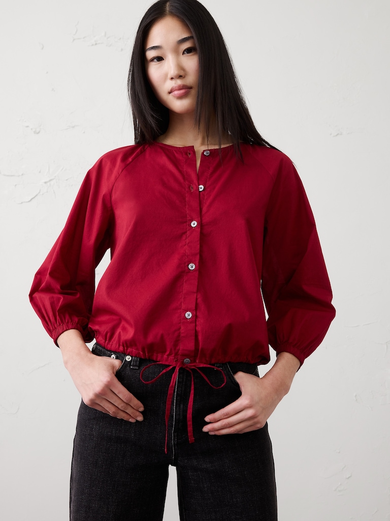 Voile Blouson-Sleeve Drawstring-Hem Top