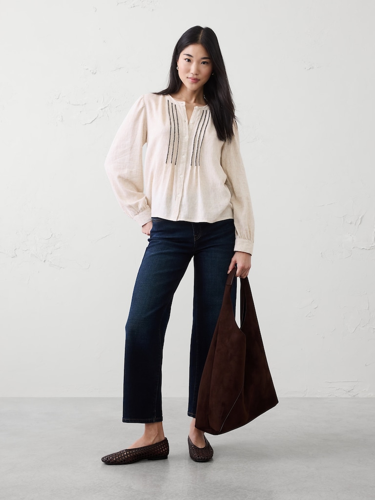 Linen-Blend Drapey Embroidered Top