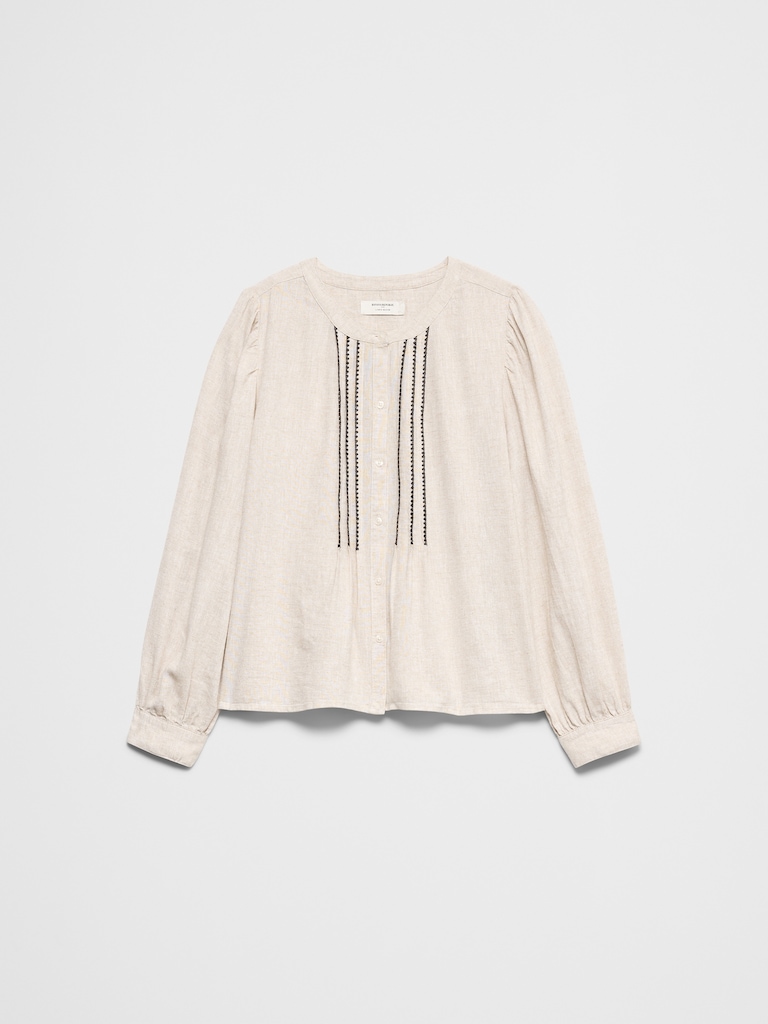 Linen-Blend Drapey Embroidered Top
