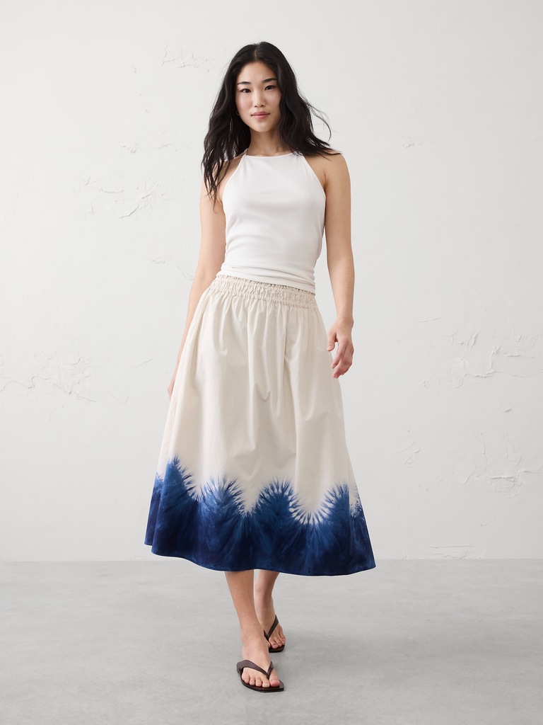 Poplin Smocked-Waist Midi Skirt