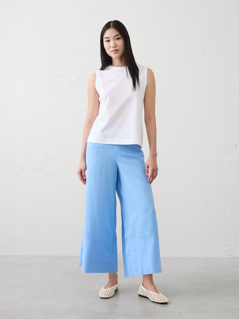 Wide-Leg High-Rise Linen-Blend Pull-On Cropped Pant