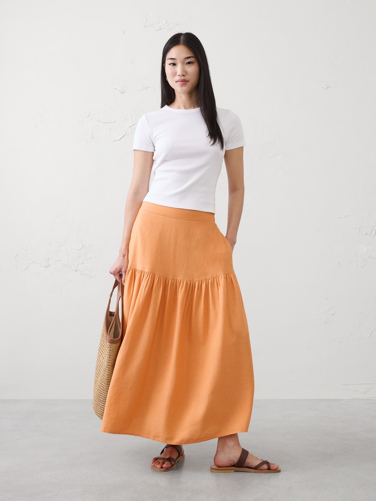 Linen-Blend Tiered Midi Skirt