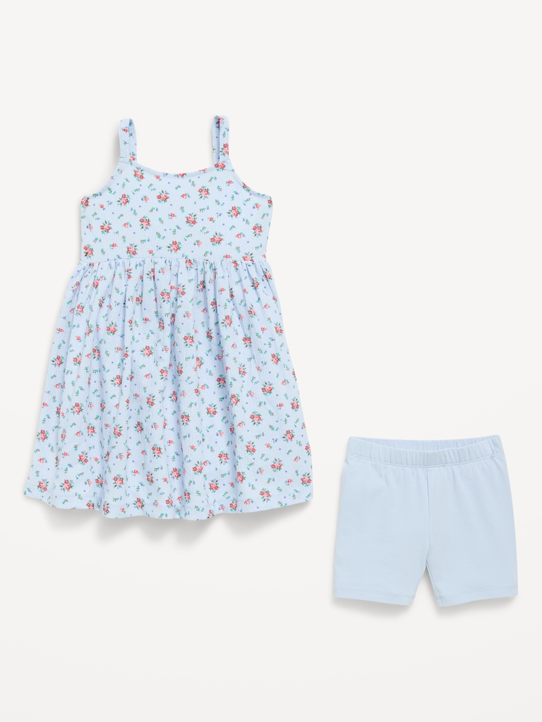 Printed Sleeveless Crinkled Dress and Biker Shorts Set for Toddler Girls