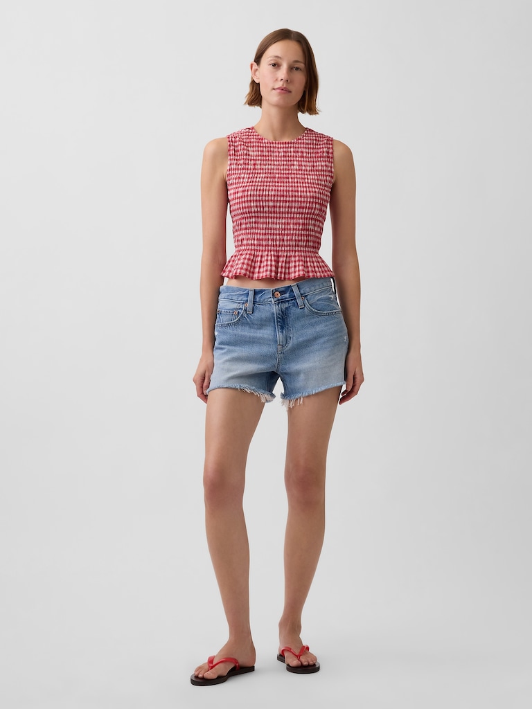 Smocked Gingham Crop Peplum Top