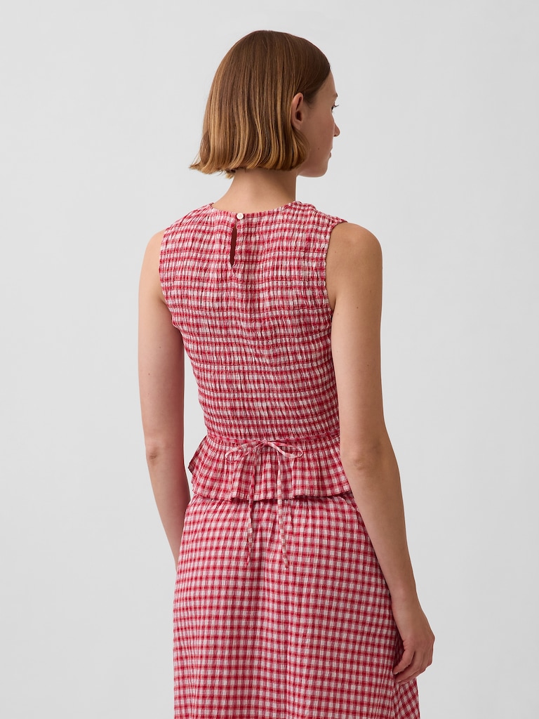 Smocked Gingham Crop Peplum Top