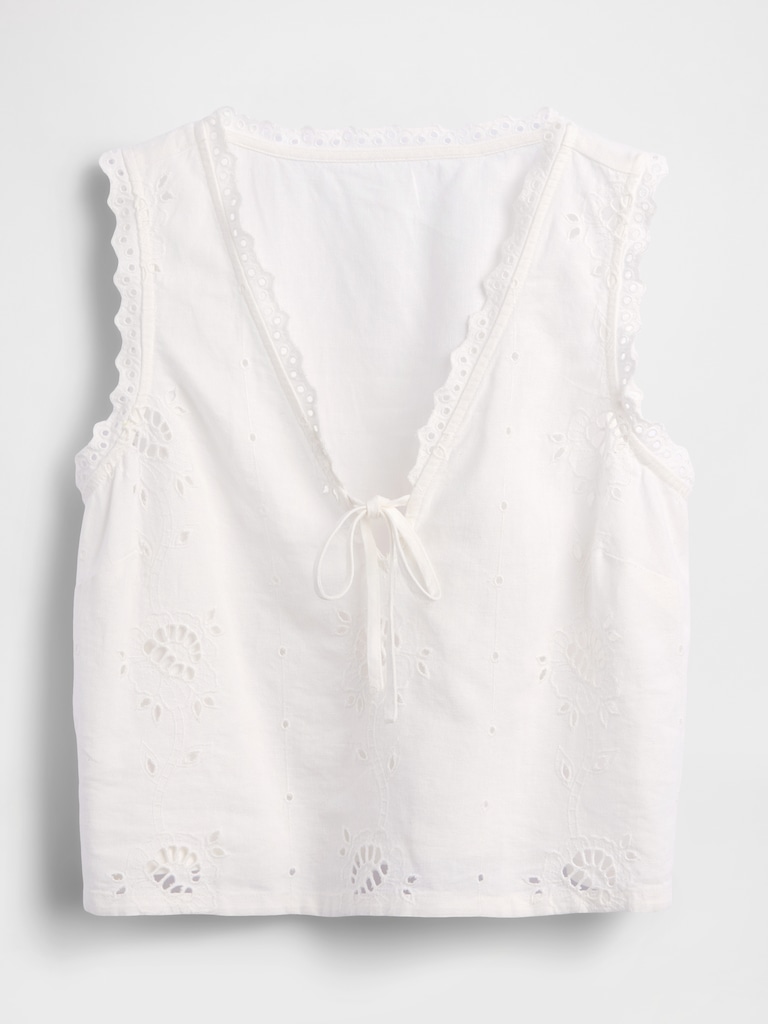 Linen-Blend Embroidered Crop Shell Tank Top