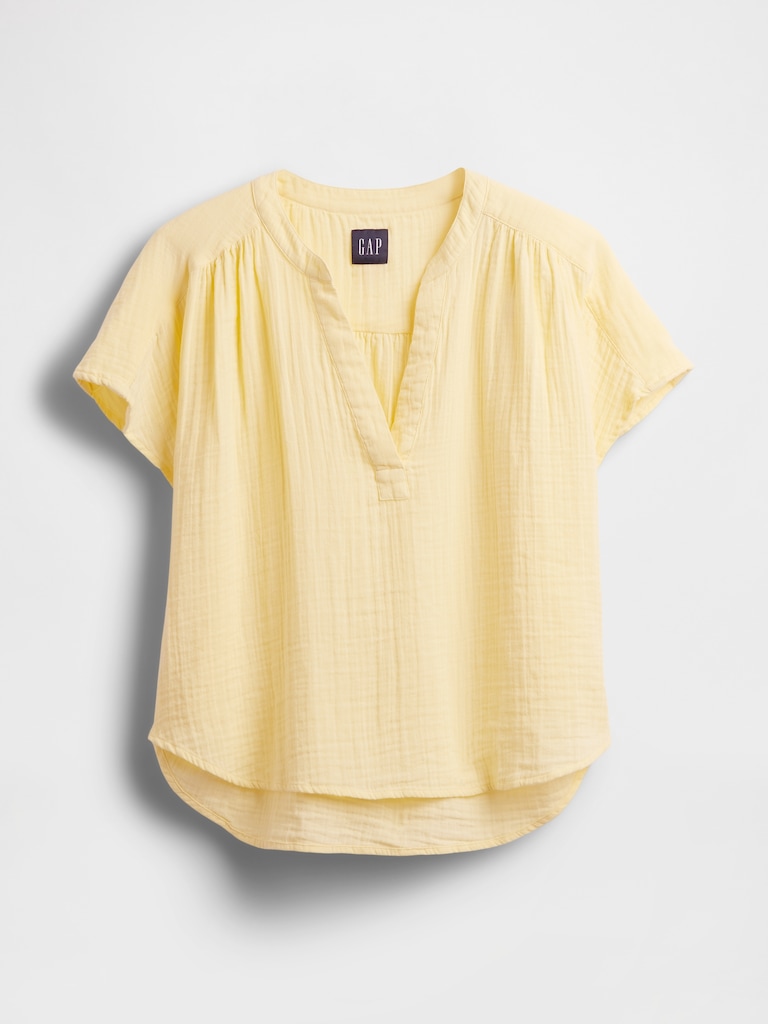 Cotton Gauze Oversized Split-Neck Top