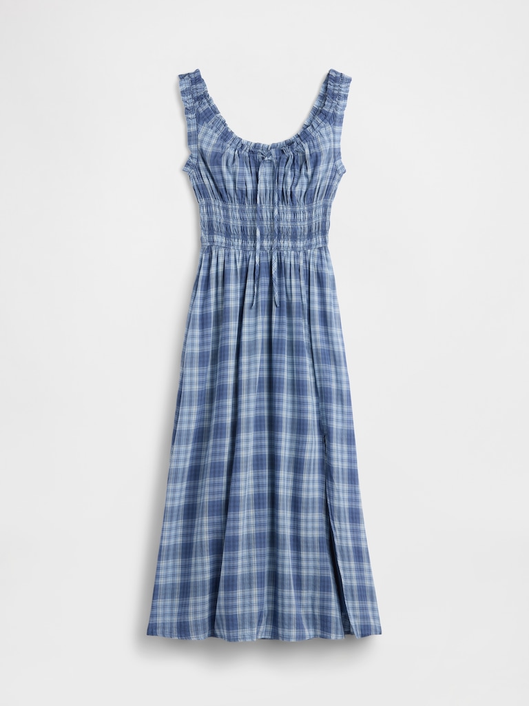 Plaid Voile Smocked Waist Maxi Dress