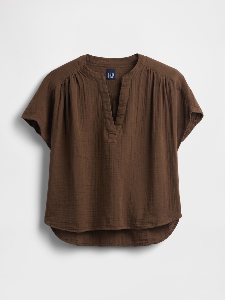 Cotton Gauze Oversized Split-Neck Top