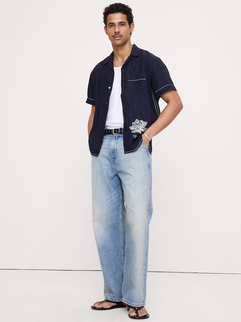 Standard-Fit Embroidered Linen Resort Shirt