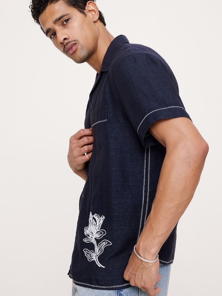 Standard-Fit Embroidered Linen Resort Shirt