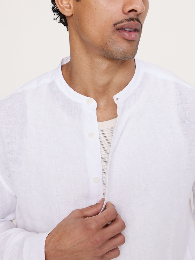 Relaxed-Fit Linen Banded-Collar Shirt