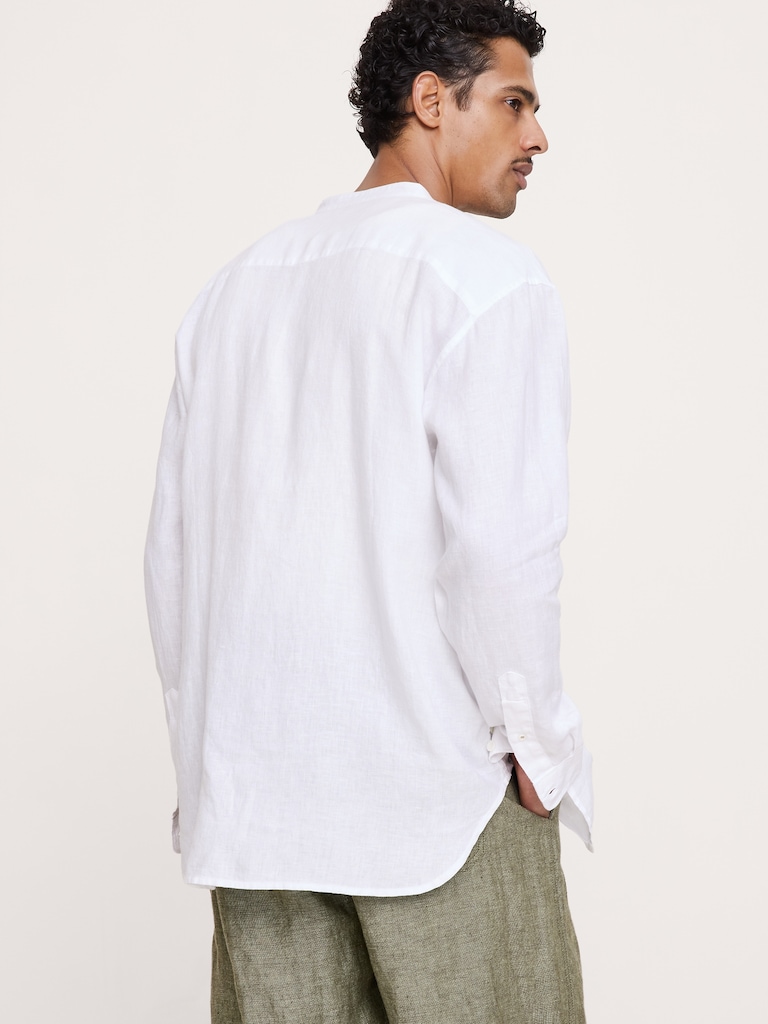 Relaxed-Fit Linen Banded-Collar Shirt
