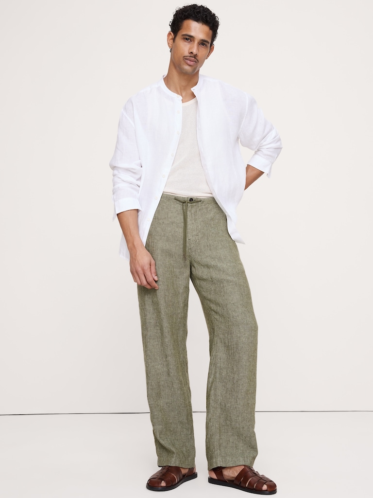 Relaxed-Fit Linen Banded-Collar Shirt