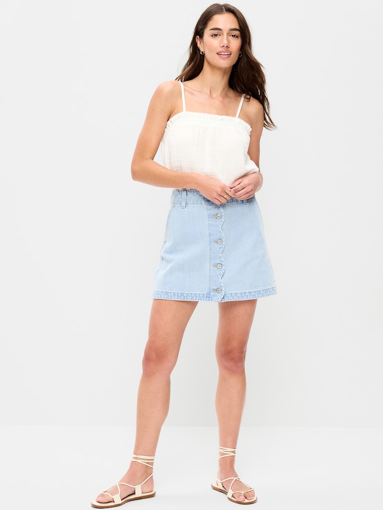 Scalloped-Edge Button-Down Mini Skirt