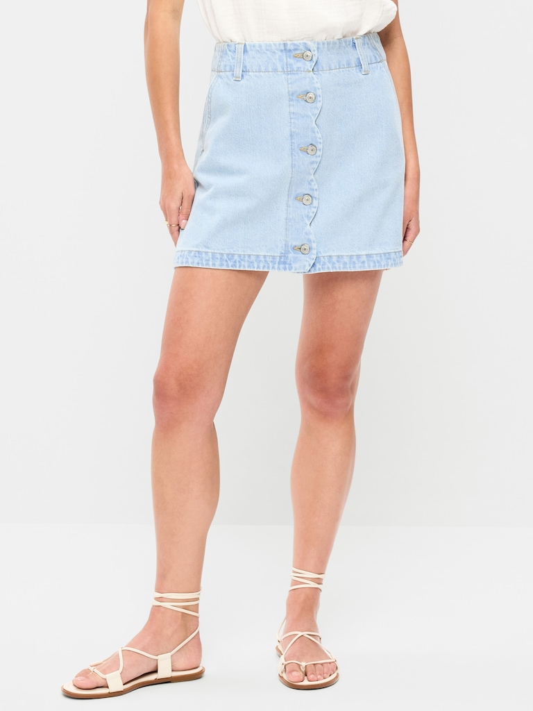 Scalloped-Edge Button-Down Mini Skirt