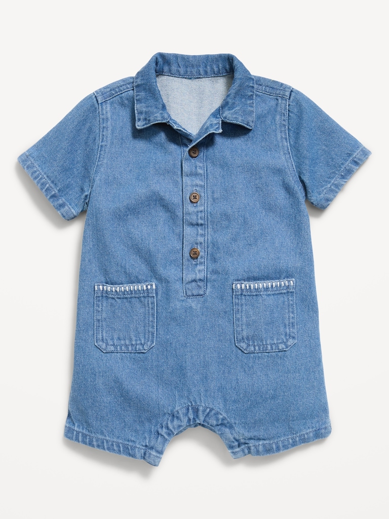Collared Denim One-Piece Romper for Baby