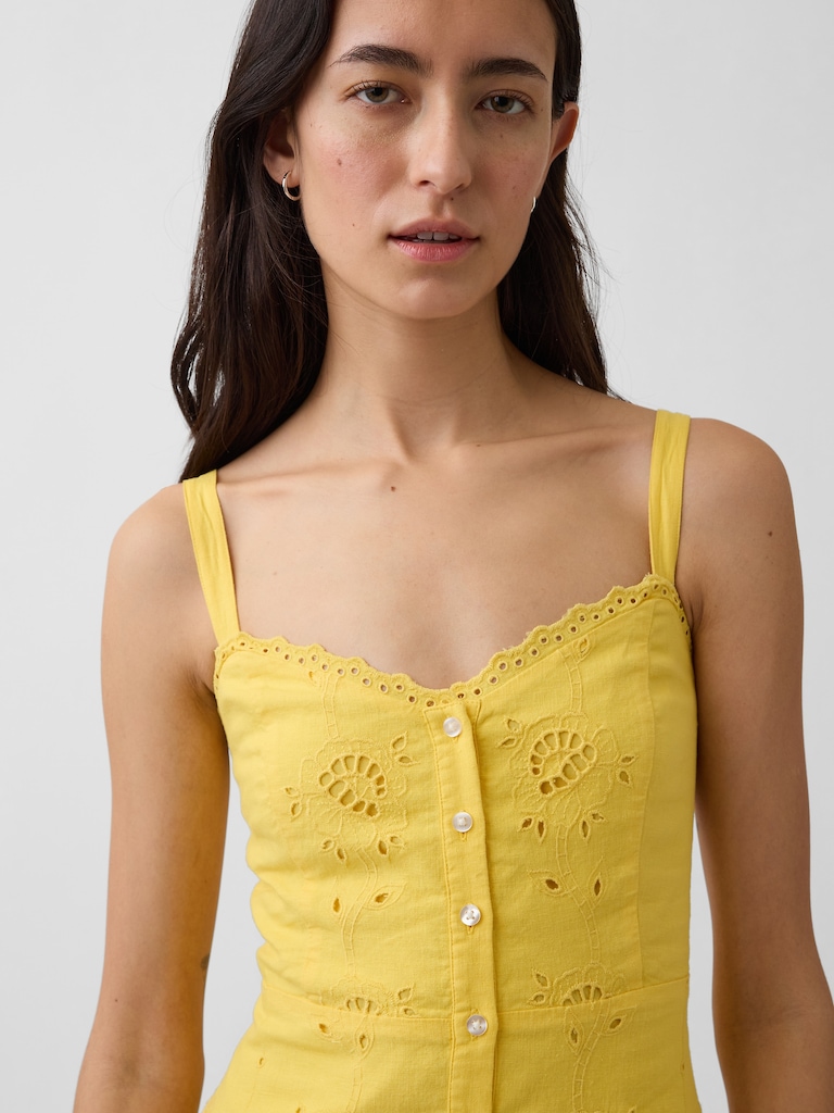 Linen-Blend Embroidered Button-Front Cami Maxi Dress