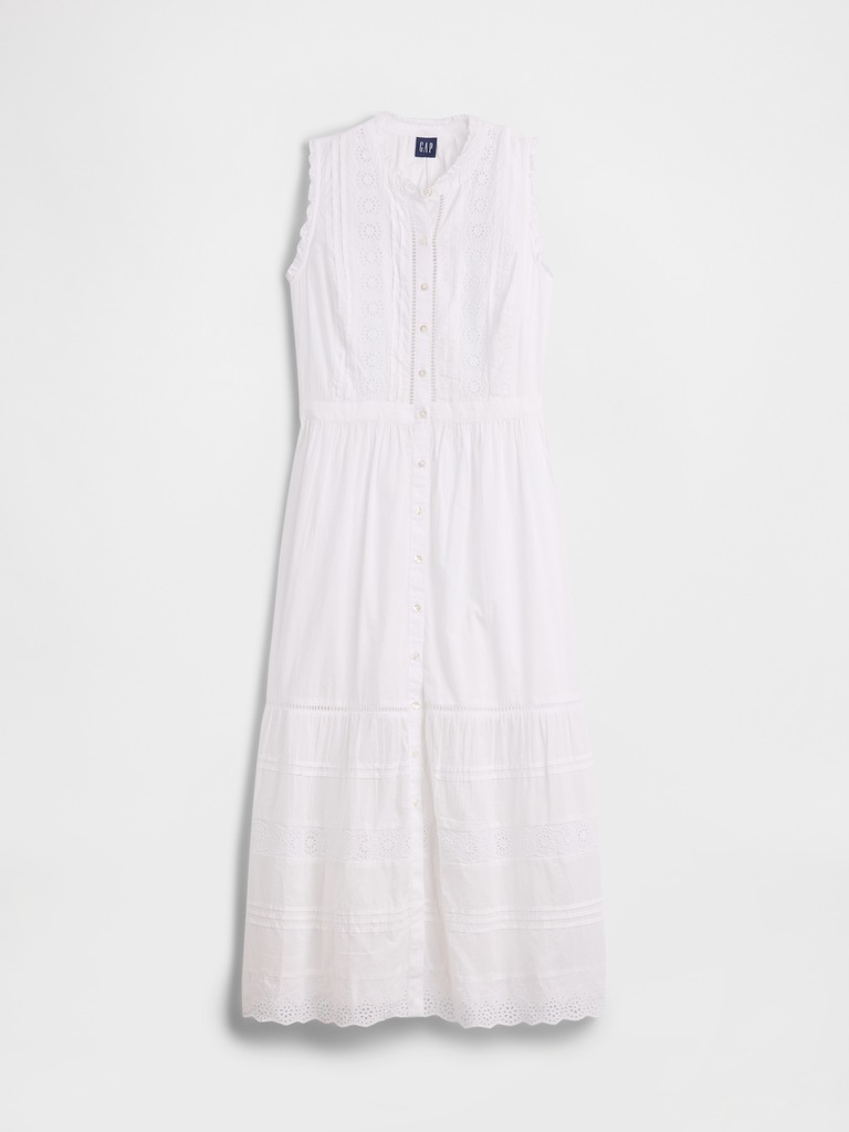 Lace-Trim Tiered Midi Shirtdress