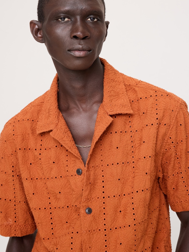 Relaxed-Fit Embroidered Cotton Eyelet Resort Shirt