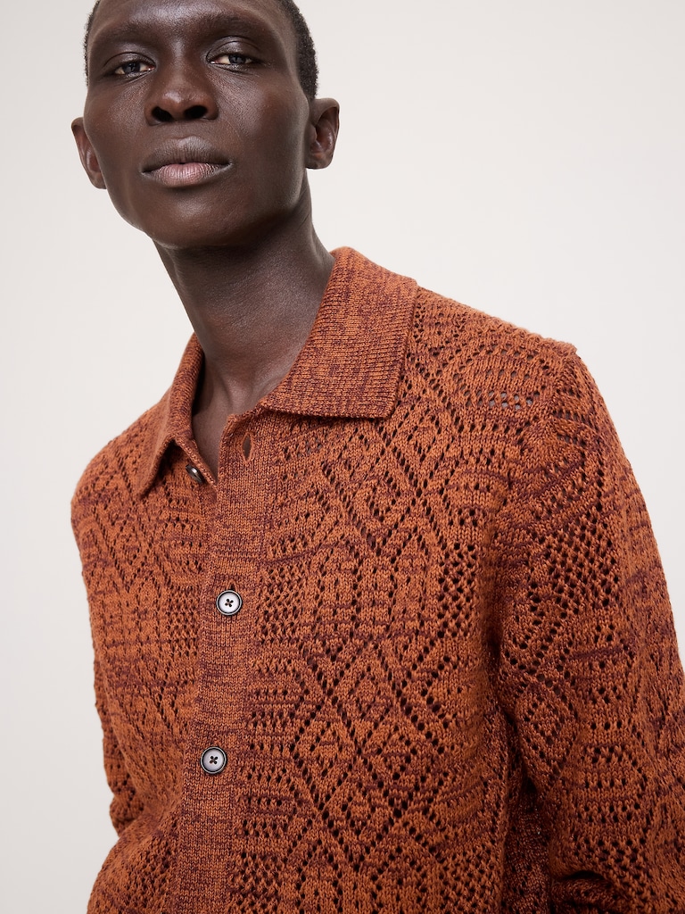 Linen-Cotton Pointelle Polo Cardigan