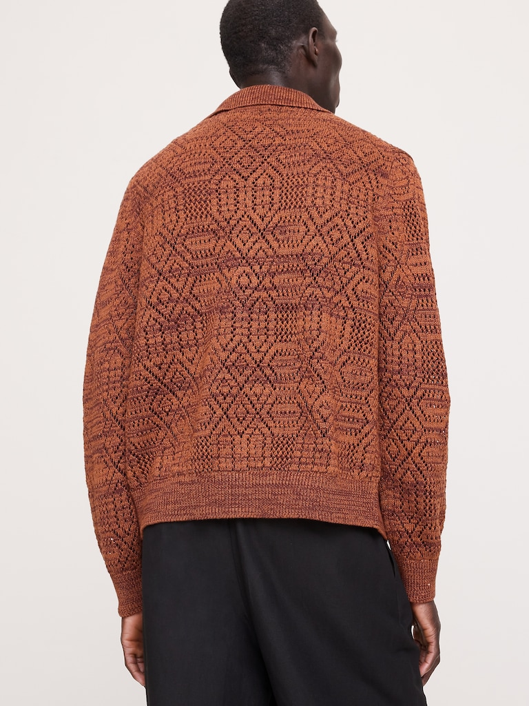 Linen-Cotton Pointelle Polo Cardigan