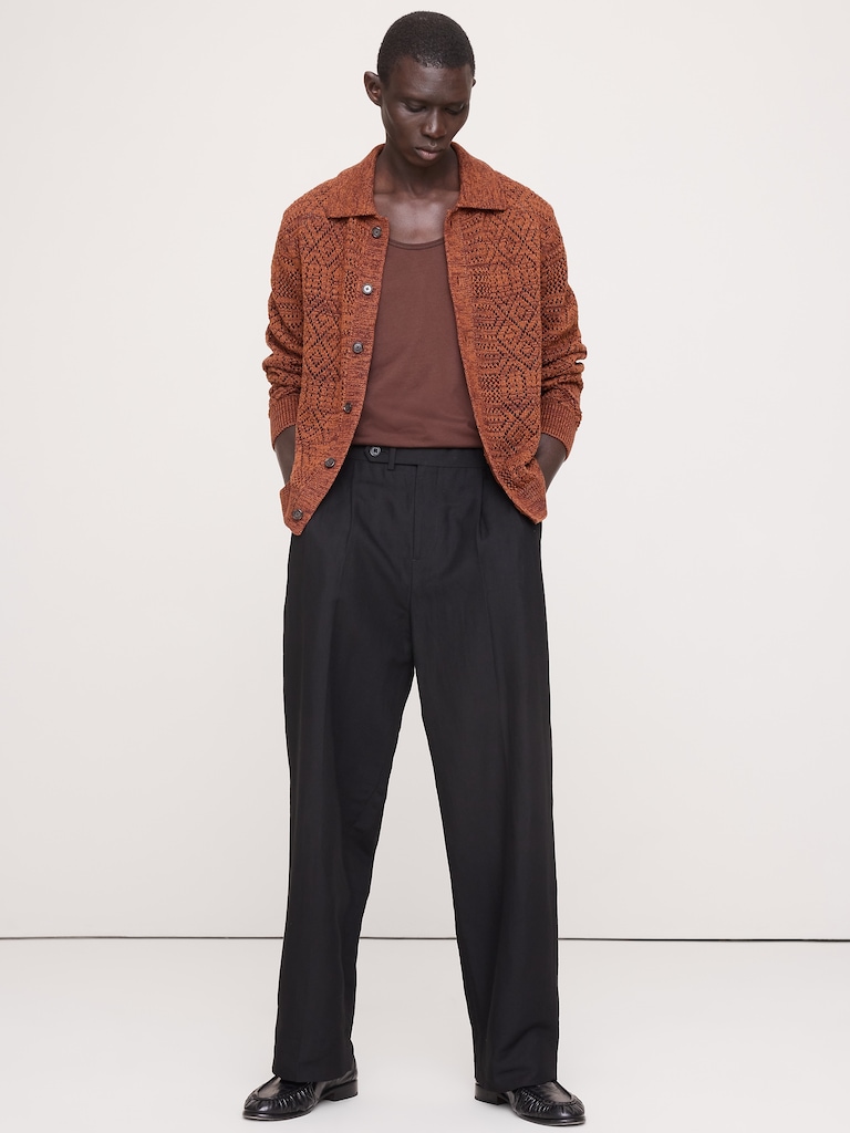 Linen-Cotton Pointelle Polo Cardigan