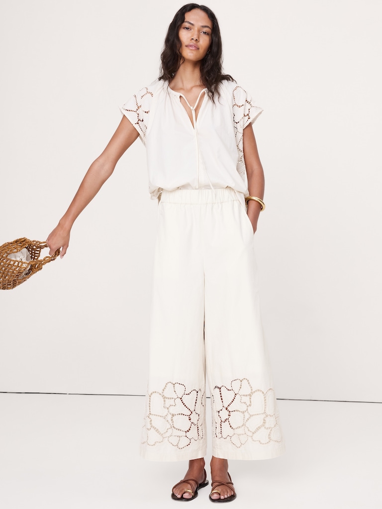 The Pull-On Wide-Leg Ankle Pant in Embroidered Poplin