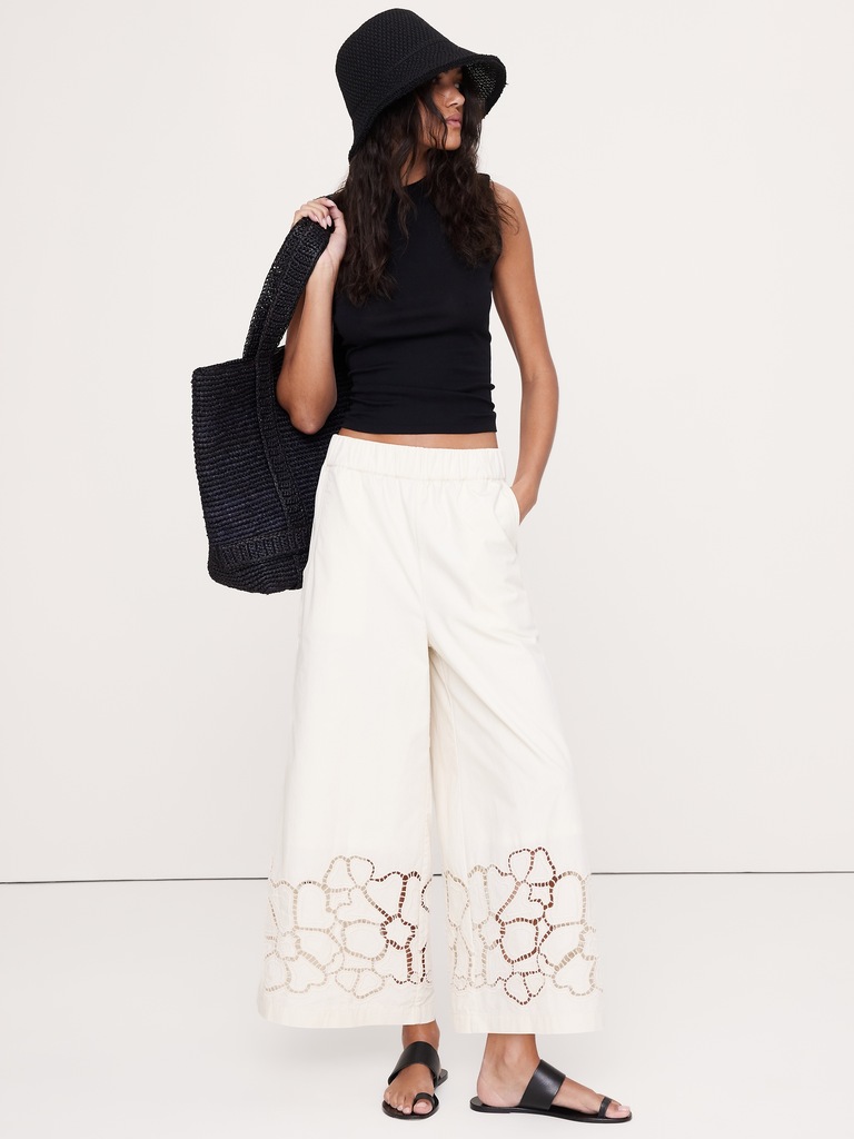 The Pull-On Wide-Leg Ankle Pant in Embroidered Poplin