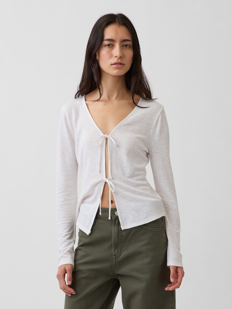 Linen-Blend Tie-Front Cardigan
