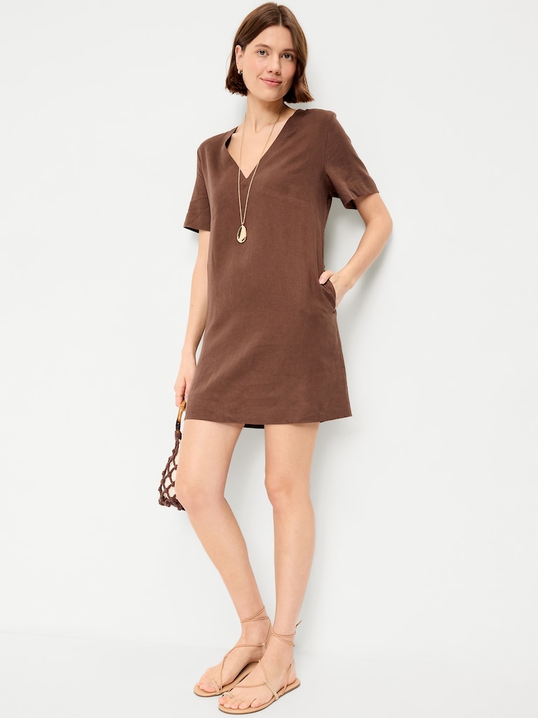 Short-Sleeve V-Neck Mini Shift Dress