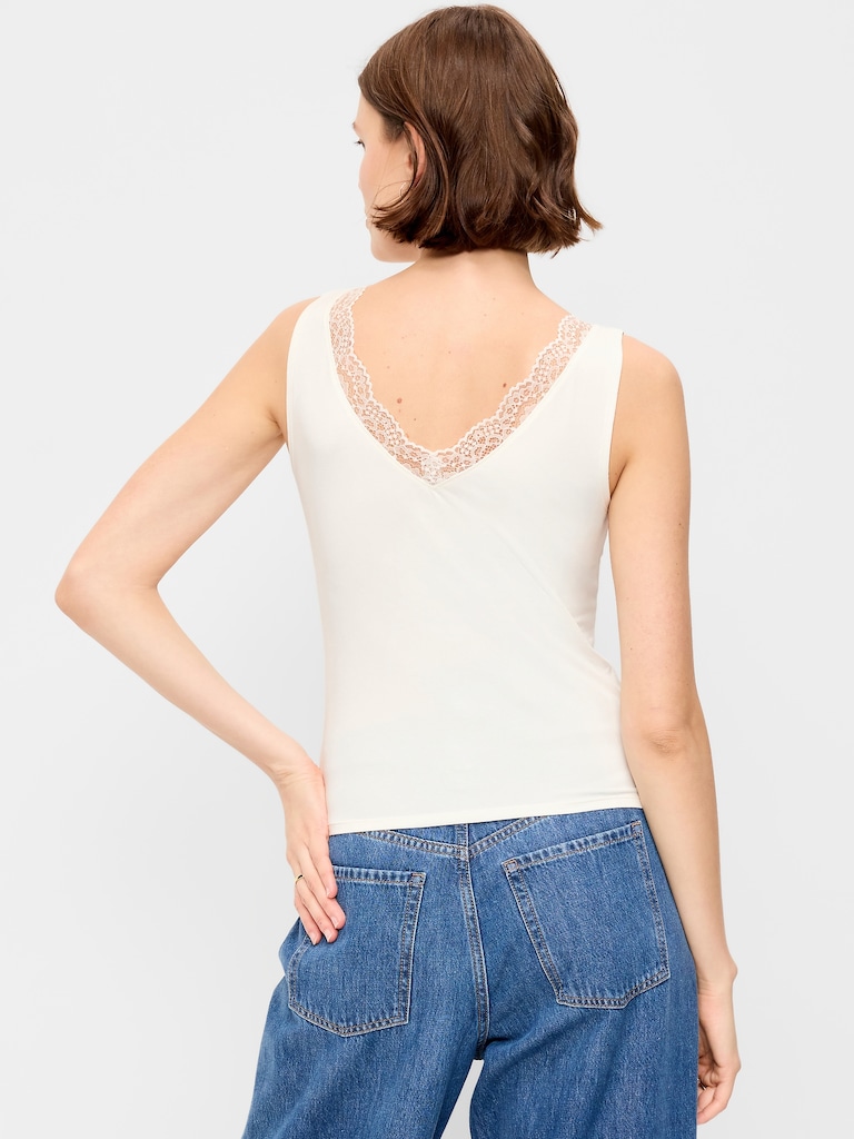 Sleeveless Lace-Trim V-Neck Ribbed Top