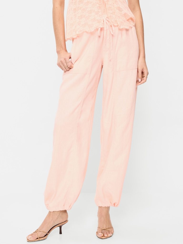 Mid-Rise Linen-Blend Cinched-Ankle Pants
