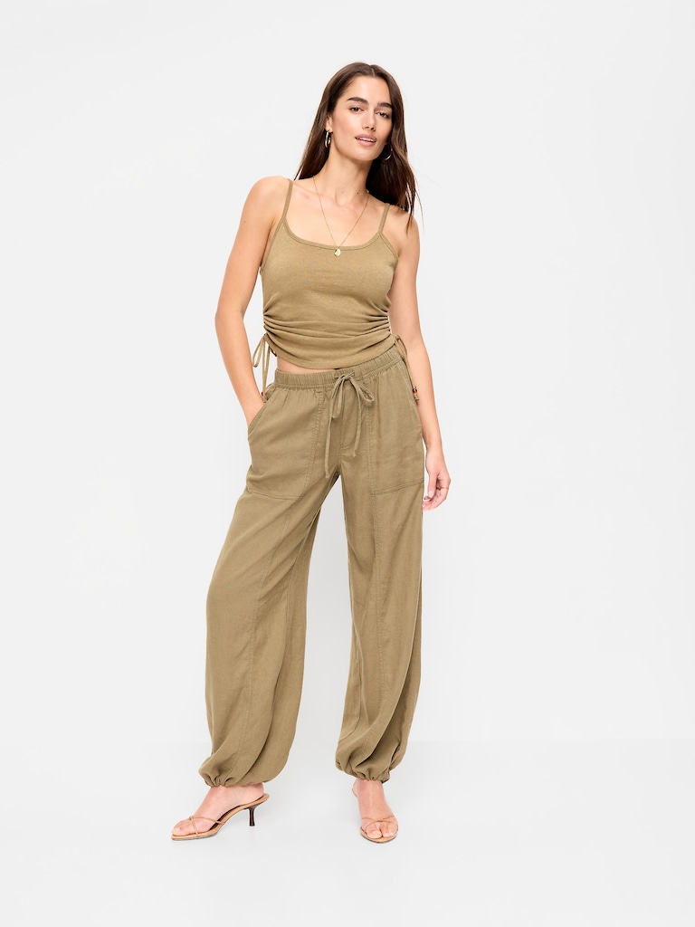 Mid-Rise Linen-Blend Cinched-Ankle Pants