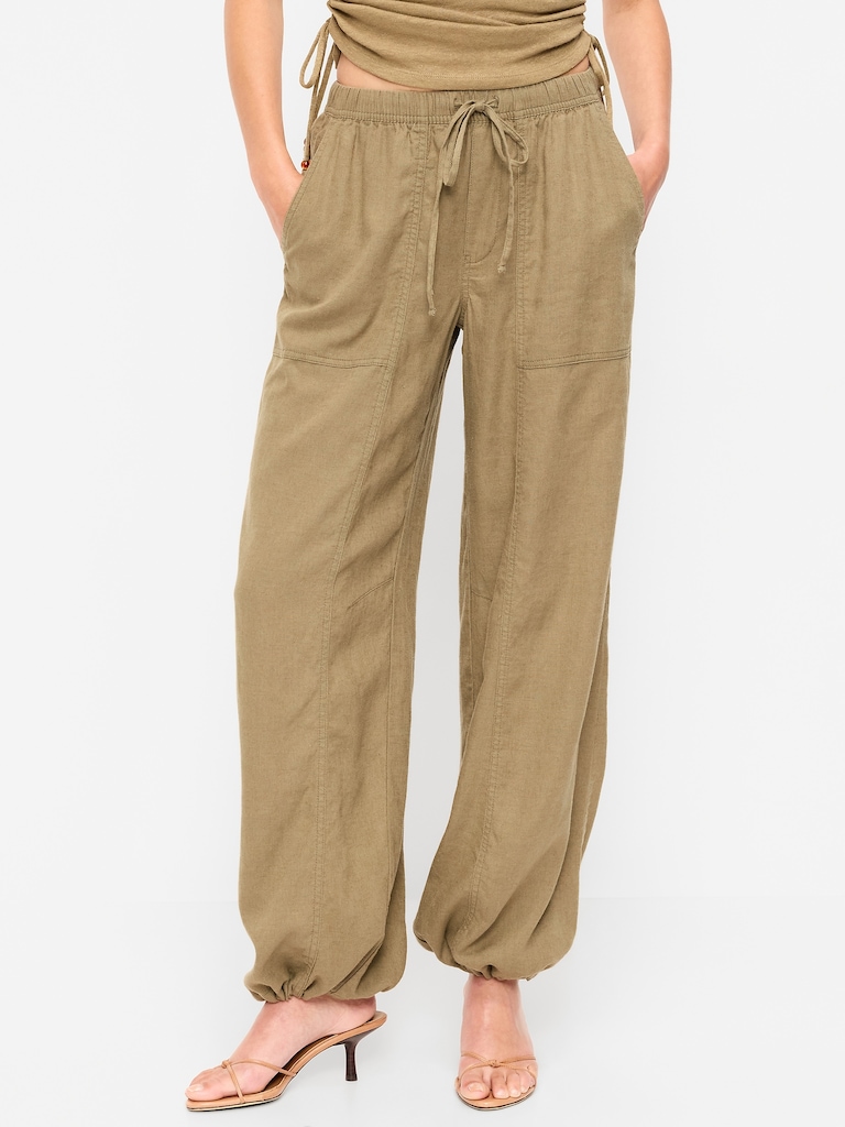 Mid-Rise Linen-Blend Cinched-Ankle Pants