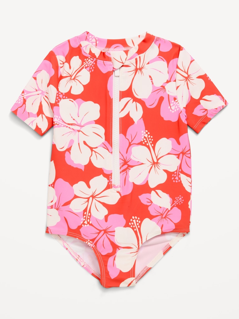 Zip-Front Rashguard One-Piece Swimsuit for Toddler Girls