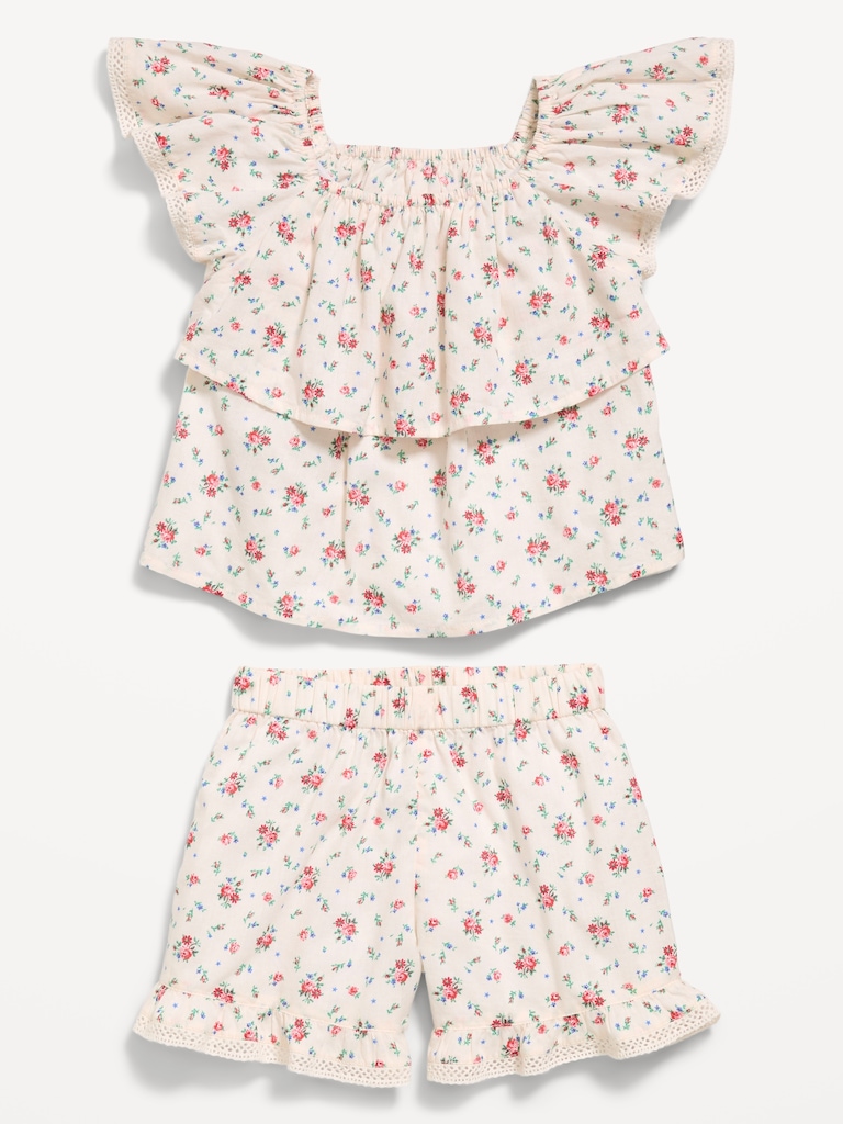 Printed Ruffled Top and Shorts Set for Toddler Girls