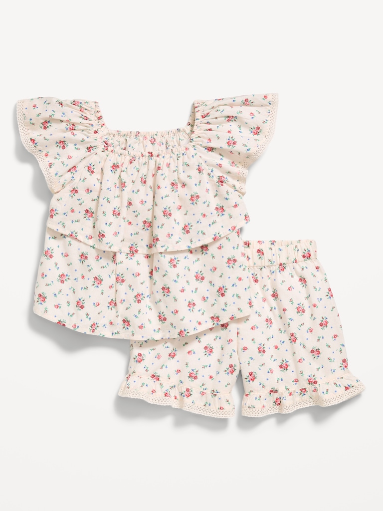 Printed Ruffled Top and Shorts Set for Toddler Girls