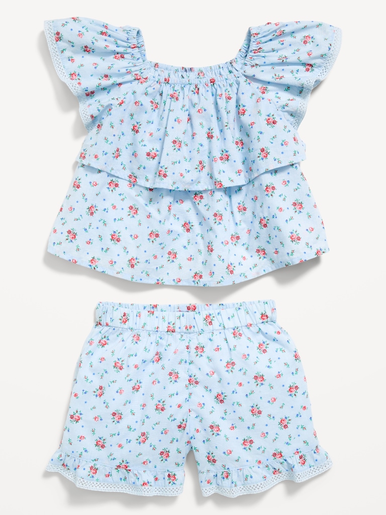 Printed Ruffled Top and Shorts Set for Toddler Girls