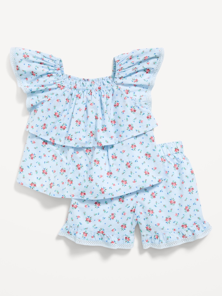Printed Ruffled Top and Shorts Set for Toddler Girls