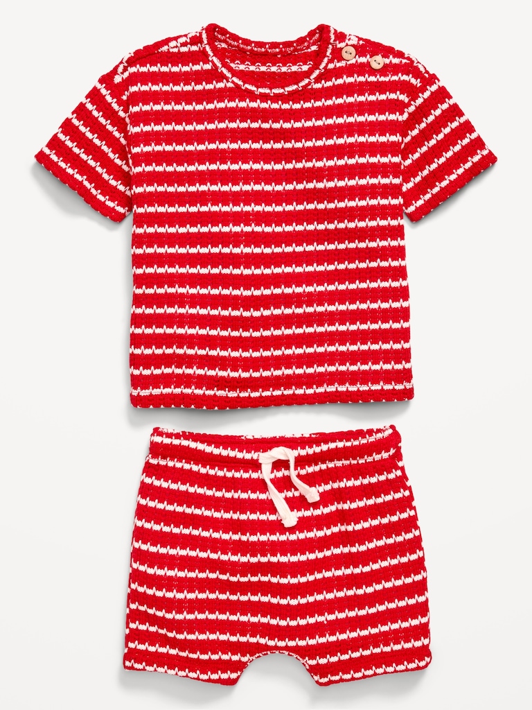 Short-Sleeve Crochet-Knit Top and Shorts Set for Baby