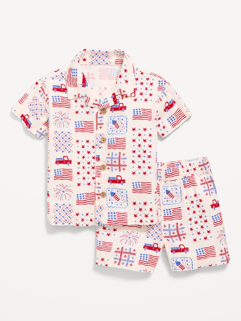 Printed Short-Sleeve Linen-Blend Shirt and Shorts Set for Baby