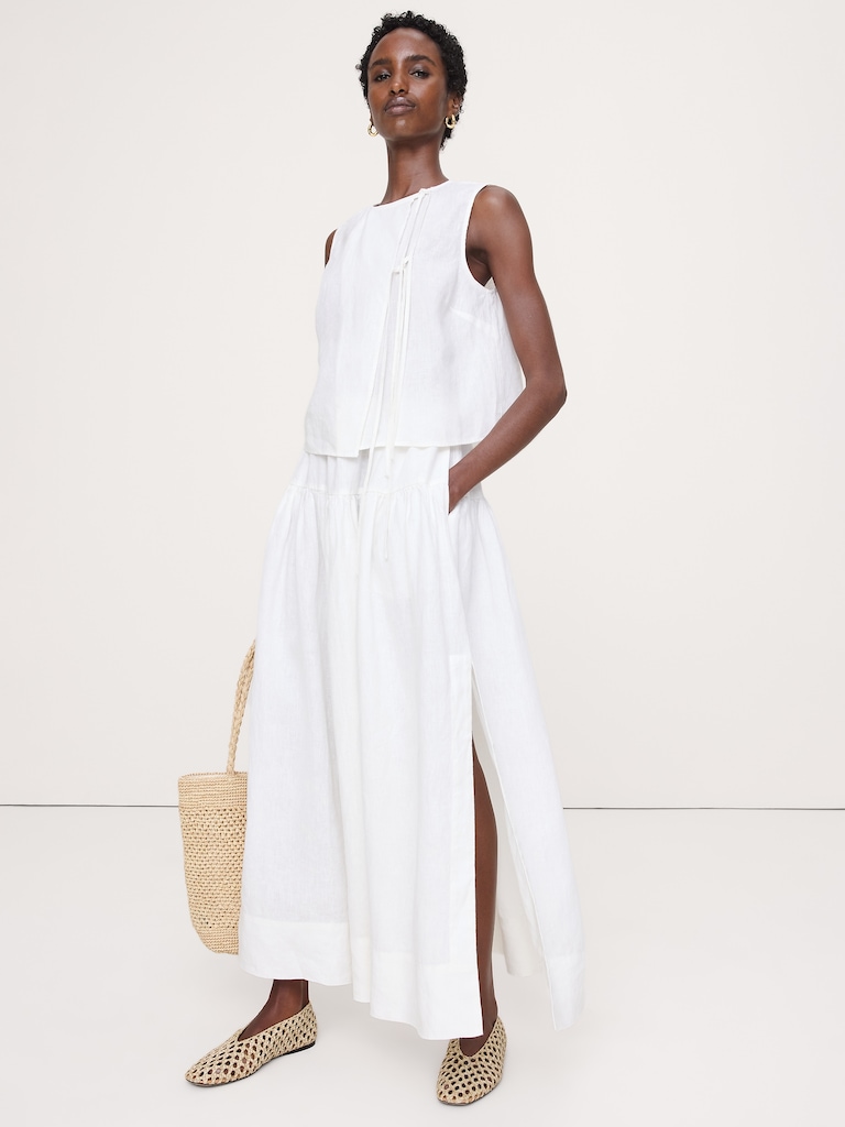 Jupe longue étagée en lin nouée sur le côté