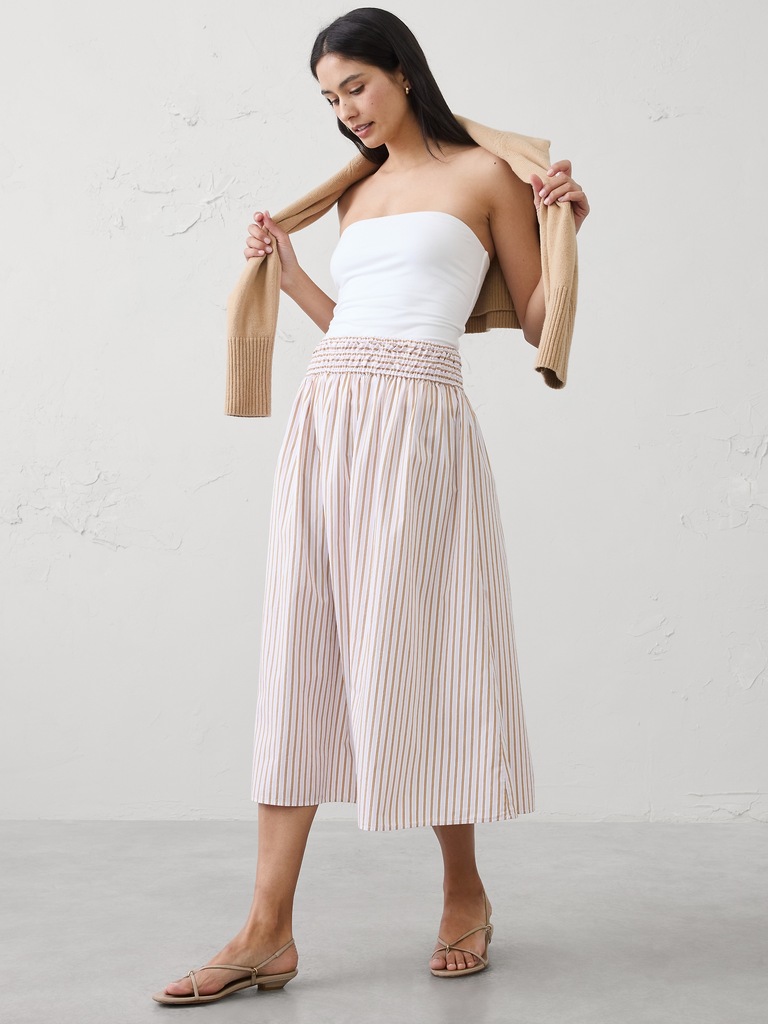 Poplin Smocked-Waist Midi Skirt