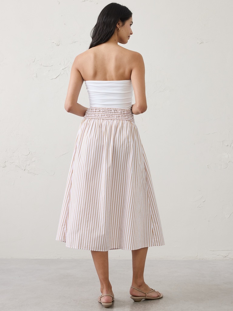 Poplin Smocked-Waist Midi Skirt