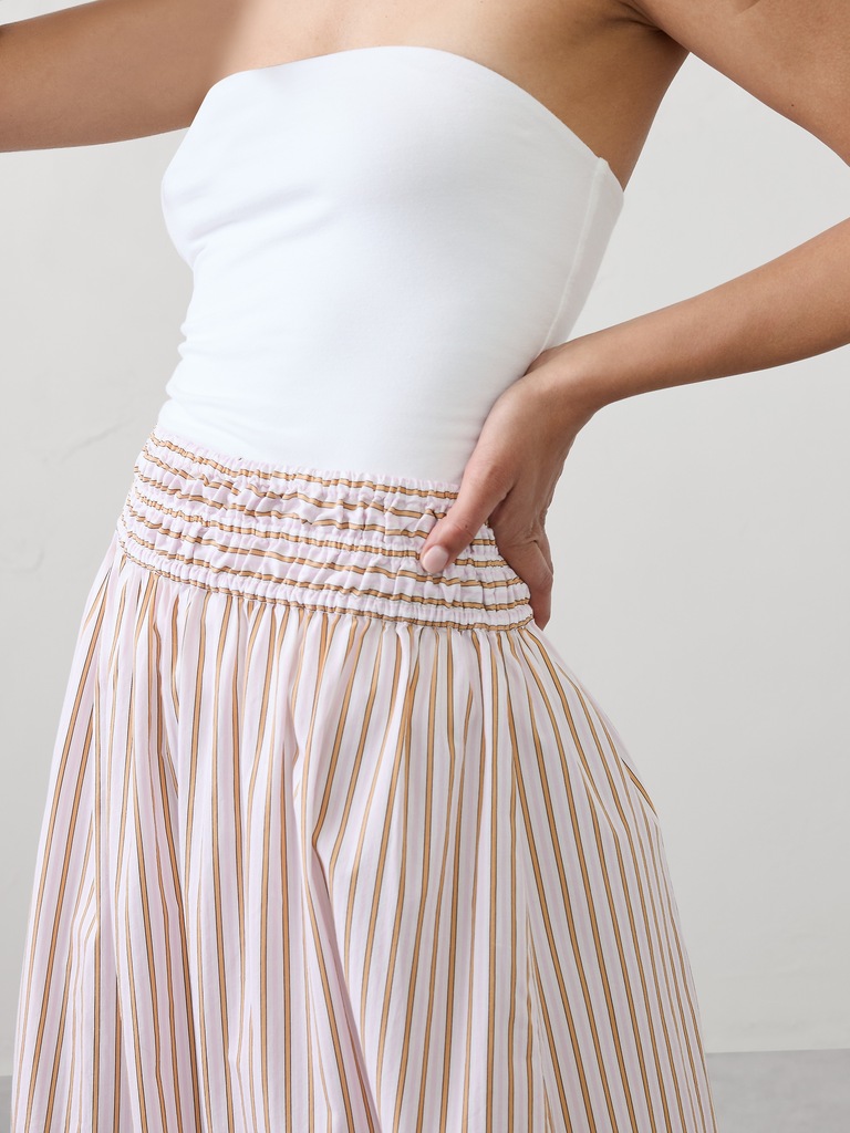 Poplin Smocked-Waist Midi Skirt
