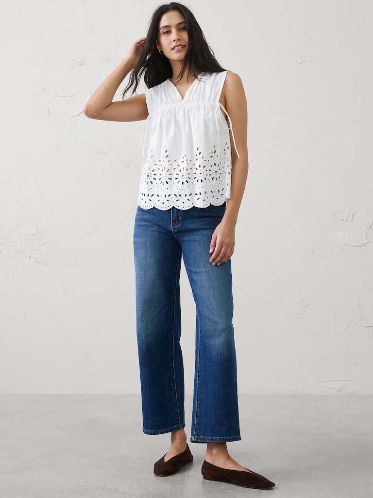 Poplin Cinched-Ties Eyelet Top