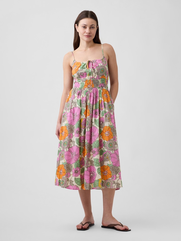 Smocked Tie-Front Midi Dress