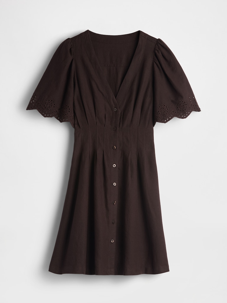 Linen-Blend Cinched Mini Shirtdress